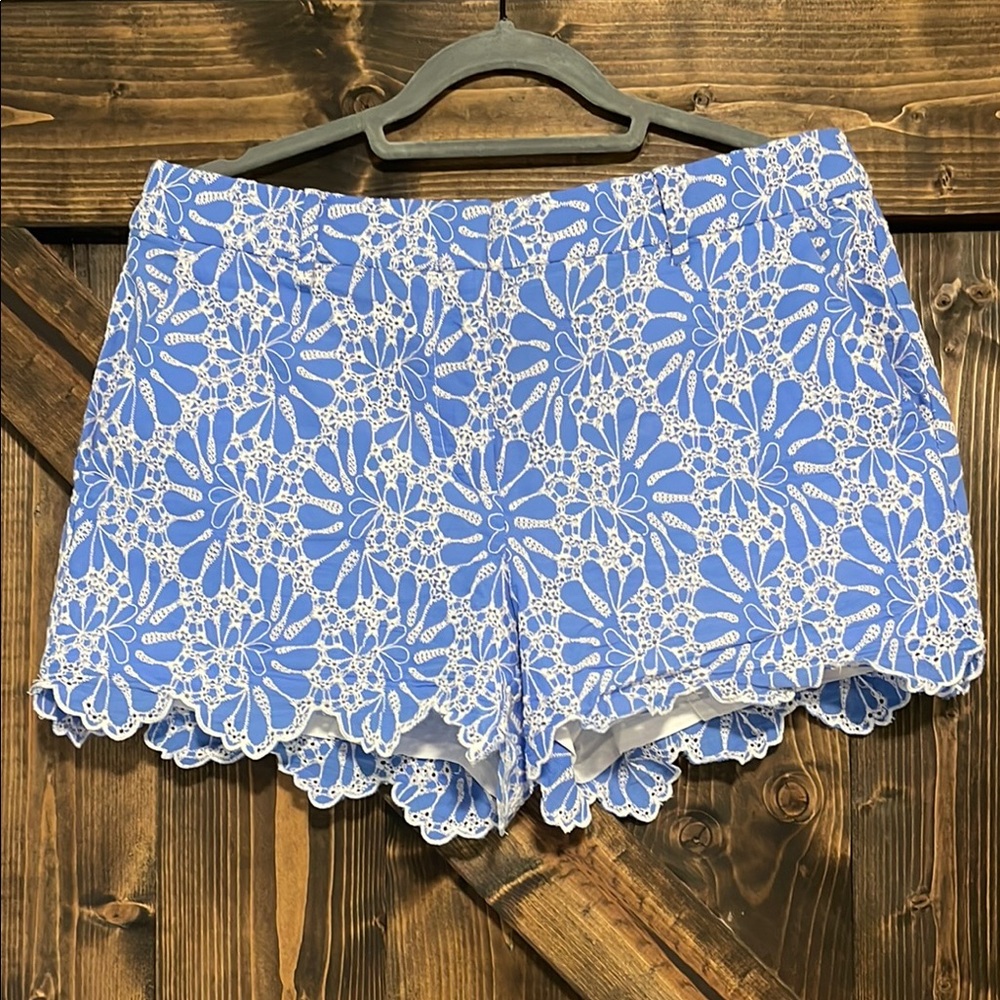 LOFT High Waist Blue and White Scalloped Shorts